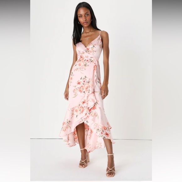 Lulus Remarkable Beauty Blush Pink Floral Satin Ruffled Midi Dress - Picture 1 of 5
